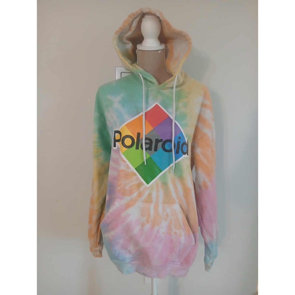 Polaroid Tie Dye Hoodie Pastel Rainbow Graphic Logo Sweatshirt Mens Large
